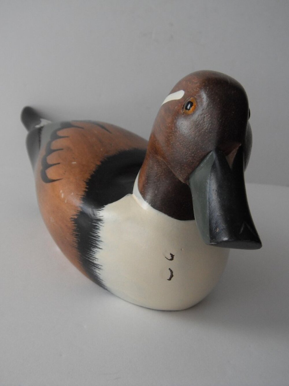 Vintage Hand Carved & Painted Solid Wood Duck Decor Figurine Glass Eyes Polished